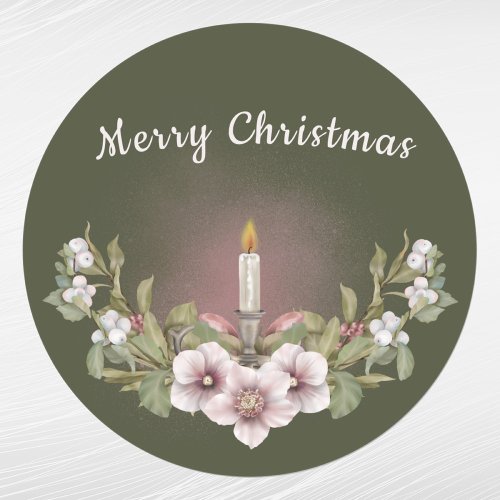 Vintage Pink Floral Candle Watercolor Christmas Classic Round Sticker