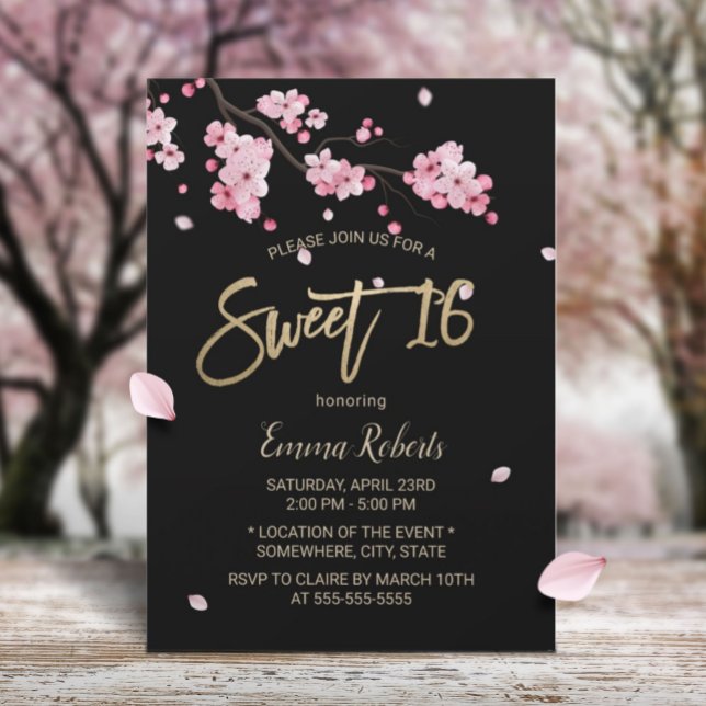 Vintage Pink Floral Cherry Blossom Sakura Sweet 16 Invitation