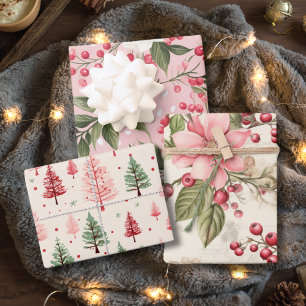 Vintage Pink Floral Christmas Wrapping Paper Sheets