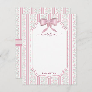 Vintage Pink Floral Coquette Bow Custom Name Note Card
