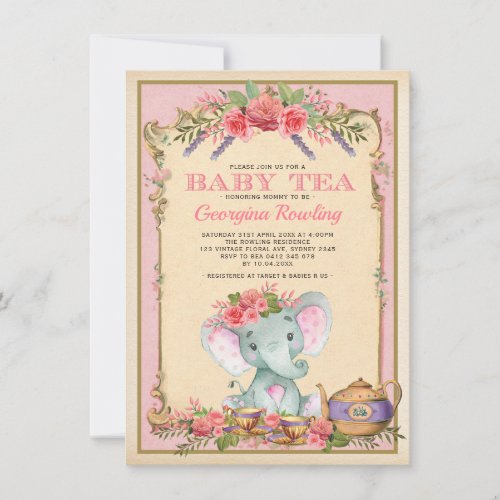 Vintage Pink Floral Elephant Tea Party Baby Shower Invitation