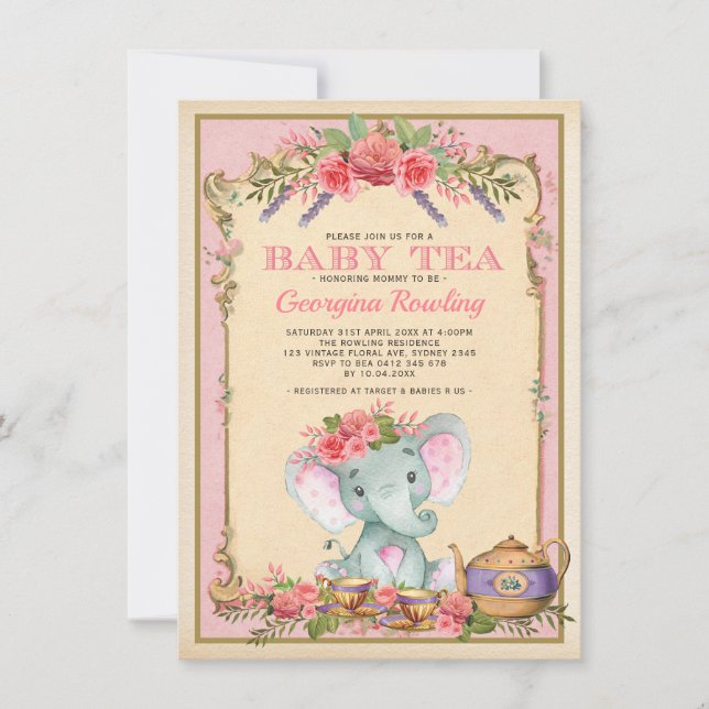 Vintage Pink Floral Elephant Tea Party Baby Shower Invitation (Front)