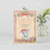 Vintage Pink Floral Elephant Tea Party Baby Shower Invitation (Standing Front)