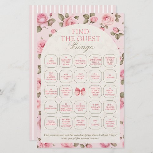 Vintage PInk Floral Find The Guest Bingo Game