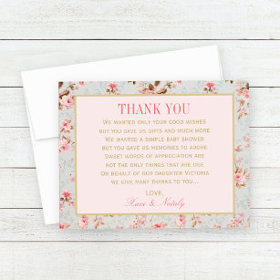 Vintage Pink Floral Garden Baby Shower Thank You Card