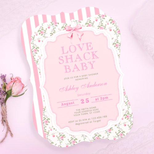 Vintage Pink Floral Garden Bow Baby Shower Invitation