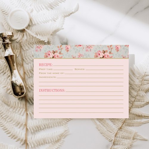 Vintage Pink Floral Garden Wedding Recipe Card