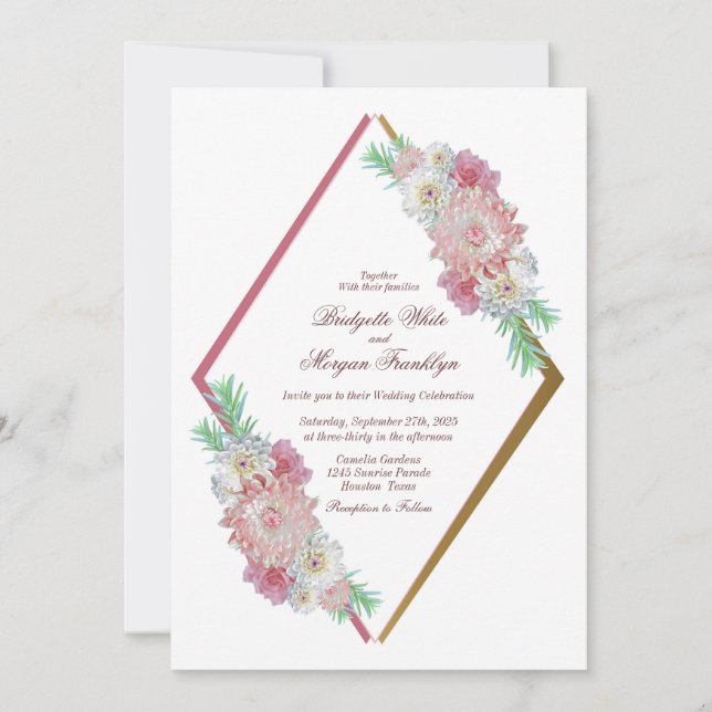 Vintage Pink Floral Geometric Wedding Invitation (Front)