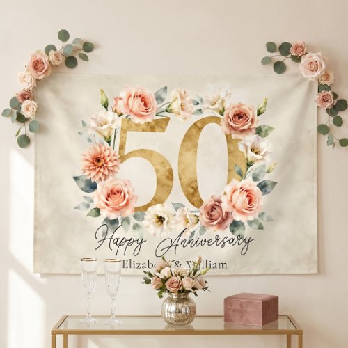 Vintage Pink Floral Gold 50th Wedding Anniversary Banner