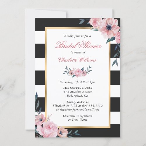 Vintage Pink Floral Gold Black Bridal Shower Invitation