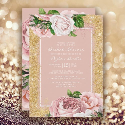 Vintage Pink Floral Gold Glitter Bridal Shower Invitation