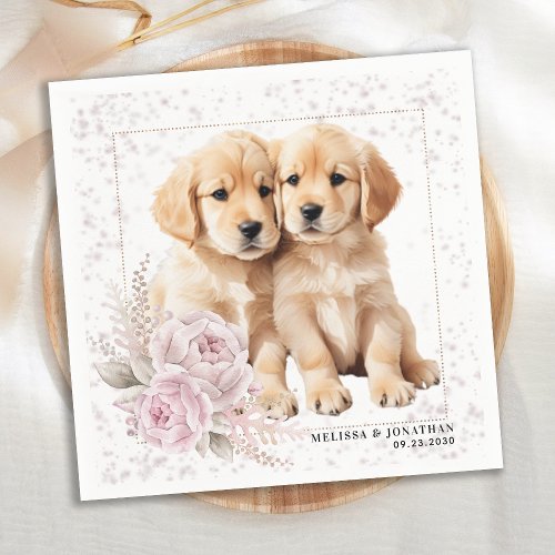 Vintage Pink Floral Golden Retriever Dog Wedding Napkins