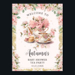 Vintage Pink Floral High Tea Baby Bridal Shower  Poster<br><div class="desc">Personalize this vintage tea party welcome sign easily and quickly. Simply click the customize it further button to edit the texts, change fonts and fonts colors. Featuring a set of pretty vintage teapot and tea cup, beautiful blush pink roses and an antique gold border. All text is editable. Personalize it...</div>
