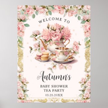 Vintage Pink Floral High Tea Baby Bridal Shower  Poster by CatandBubbleTea at Zazzle