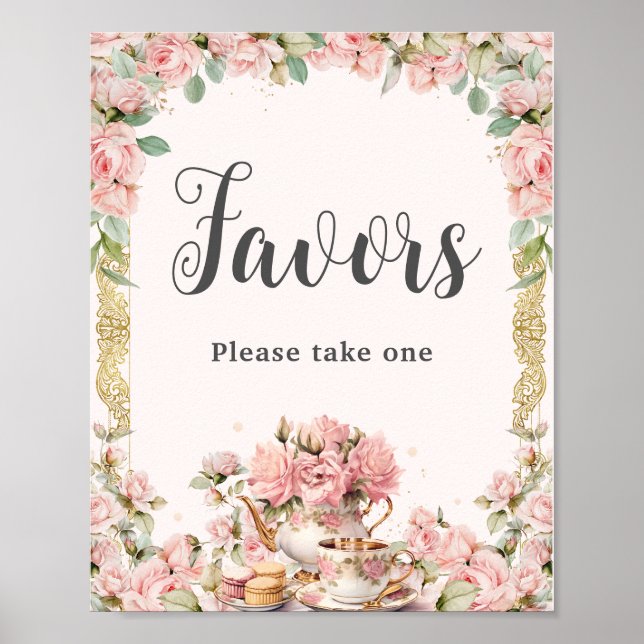 Vintage Pink Floral High Tea Bridal Shower Favors Poster (Front)
