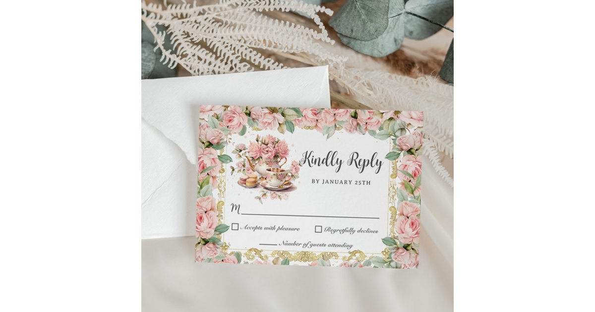 Vintage Pink Floral High Tea Party Baby Bridal RSVP Card | Zazzle