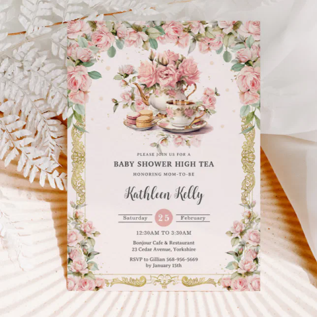 Vintage Pink Floral High Tea Party Baby Shower Invitation | Zazzle