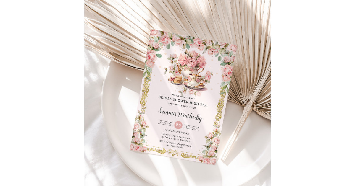 Vintage Pink Floral High Tea Party Bridal Shower Invitation