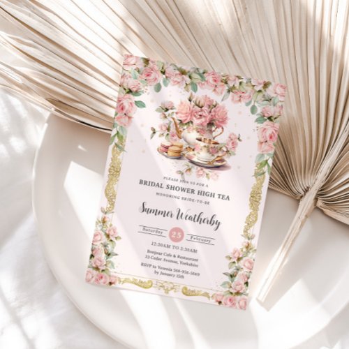 Vintage Pink Floral High Tea Party Bridal Shower  Invitation