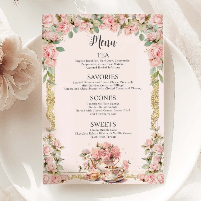 Vintage Pink Floral High Tea Party Bridal Shower Menu (Creator Uploaded)