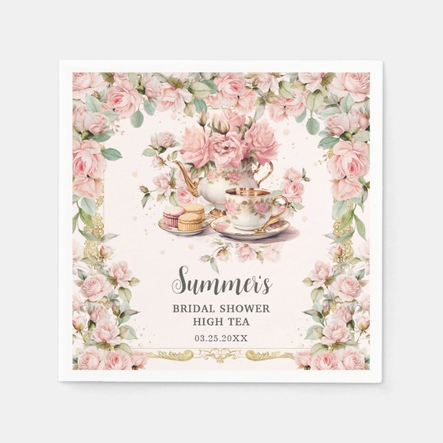 Vintage Pink Floral High Tea Party Bridal Shower  Napkins (Front)