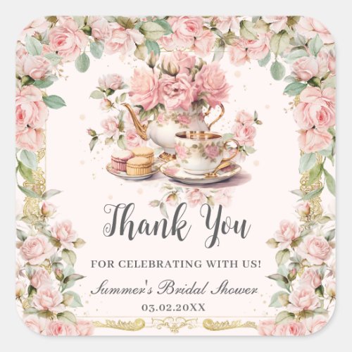 Vintage Pink Floral High Tea Party Bridal Shower  Square Sticker