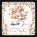 Vintage Pink Floral High Tea Party Bridal Shower  Square Sticker<br><div class="desc">Personalize these vintage tea party sticker labels easily and quickly. Simply click the customize it further button to edit the texts, change fonts and fonts colors. Featuring a set of pretty vintage teapot and tea cup, beautiful blush pink roses and an antique gold border. All text is editable. Personalize it...</div>