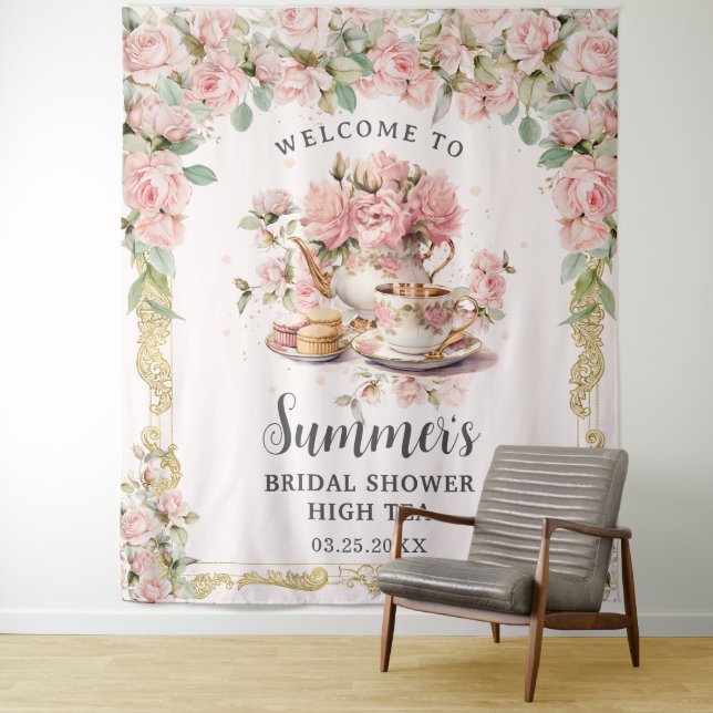 Vintage Pink Floral High Tea Party Bridal Shower Tapestry (In Situ)