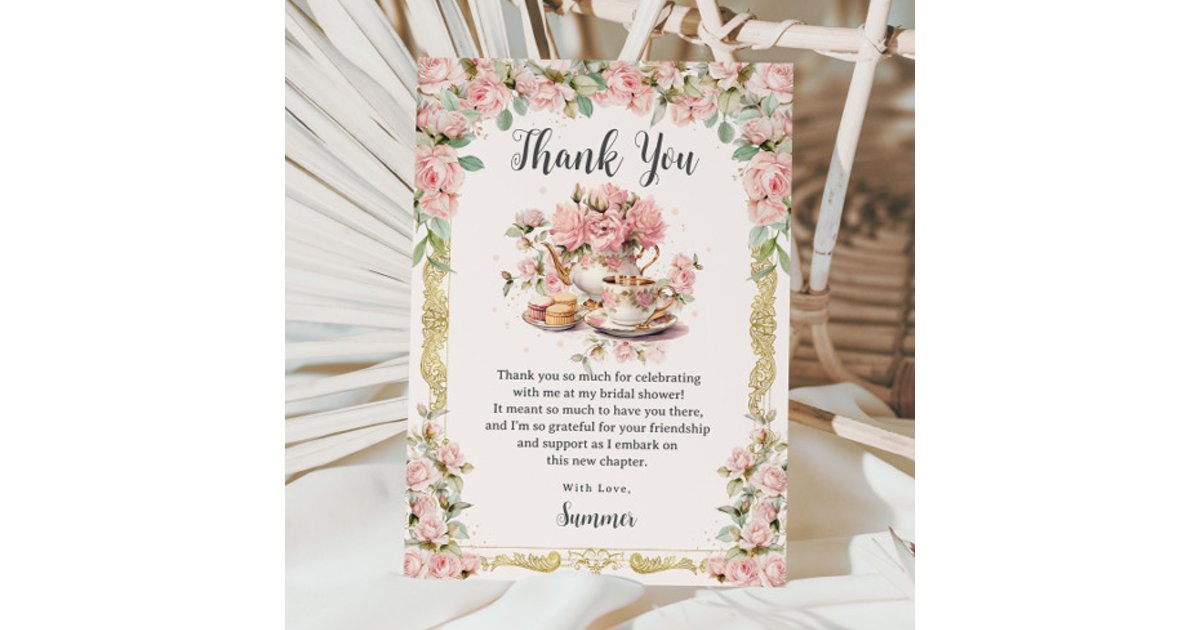 Vintage Pink Floral High Tea Party Bridal Shower Thank You Card | Zazzle