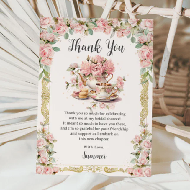 Vintage Pink Floral High Tea Party Bridal Shower Thank You Card | Zazzle