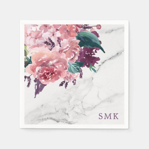 Vintage Pink Floral Marble Monogram Birthday Napkins