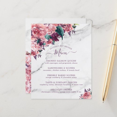 Vintage Pink Floral Marble Mothers Day Brunch Menu