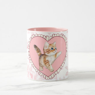 Vintage Pink Floral Mug with Playful Kitten Heart