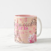 Vintage pink floral Paris Eiffel Tower typography Two-Tone Coffee Mug (Front Right)