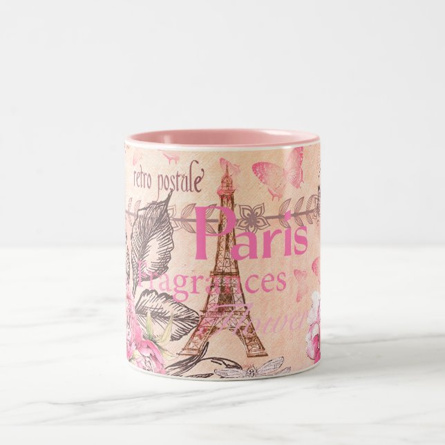 Vintage pink floral Paris Eiffel Tower typography Two-Tone Coffee Mug (Center)