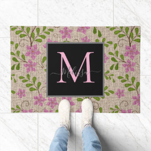 Vintage Pink Floral Pattern Monogram Name Welcome  Doormat