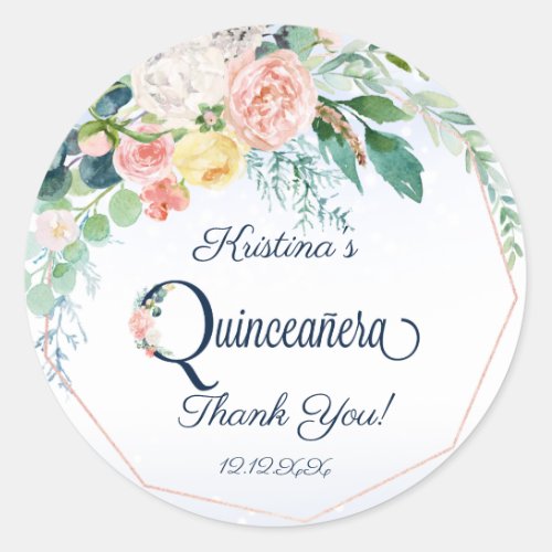 Vintage Pink Floral Quinceanera Thank You Classic Round Sticker