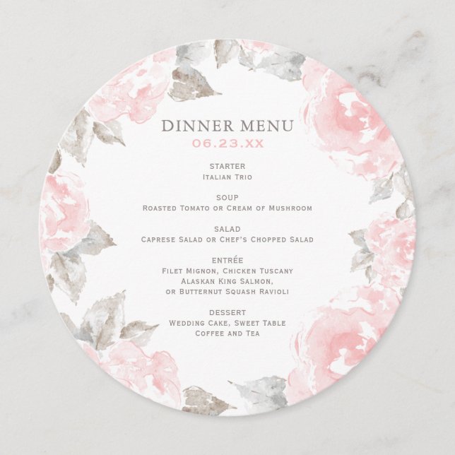 Vintage Pink Floral Rose Watercolor Wedding Dinner Menu (Front)
