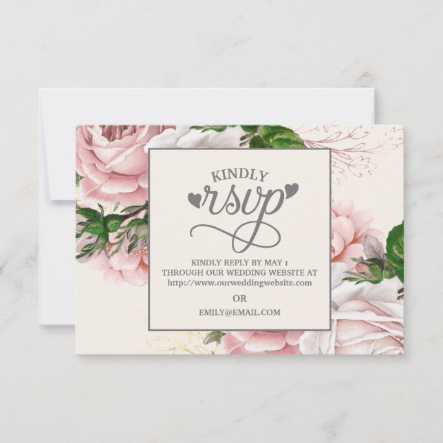 Vintage Pink Floral Roses Cream Wedding RSVP Card (Front)