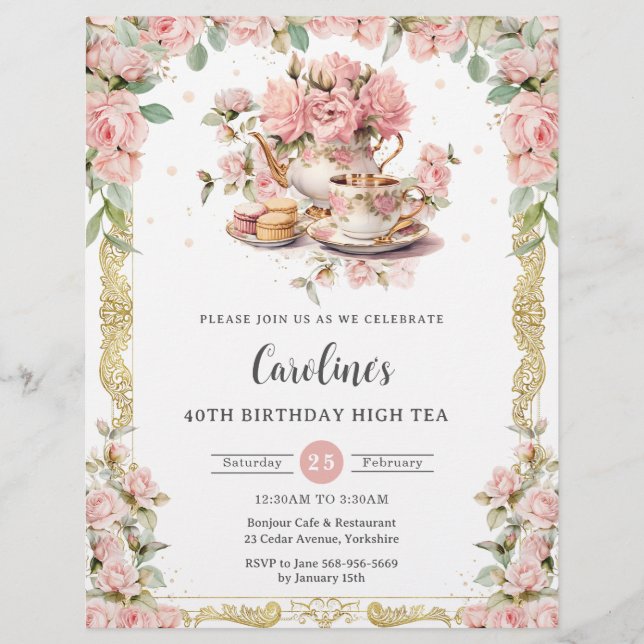 Vintage Pink Floral Roses High Tea Party Birthday Flyer (Front)