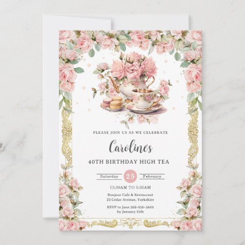 Vintage Pink Floral Roses High Tea Party Birthday Invitation