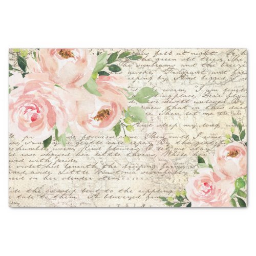 Vintage Pink Floral Roses Old Letter Decoupage Tissue Paper