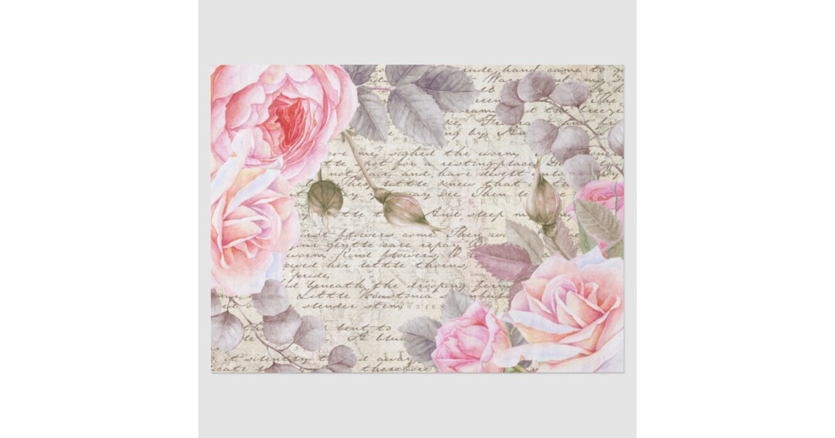 Vintage Pink Floral Roses Old Letter Decoupage Tissue Paper | Zazzle