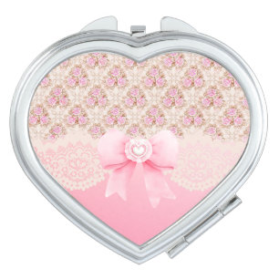 Vintage Pink Floral Roses Ribbon And Lace Compact Mirror