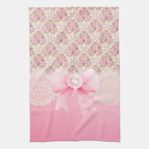 Vintage Pink Floral Roses Ribbon And Lace  Kitchen Towel