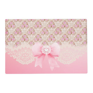 Vintage Pink Floral Roses Ribbon And Lace Placemat