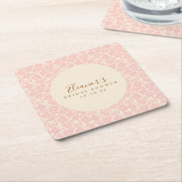 Vintage Pink Floral Script Bridal Shower Custom Square Paper Coaster