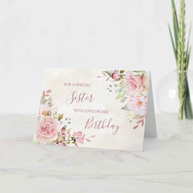 Vintage Pink Floral Sister Birthday Card (Front)