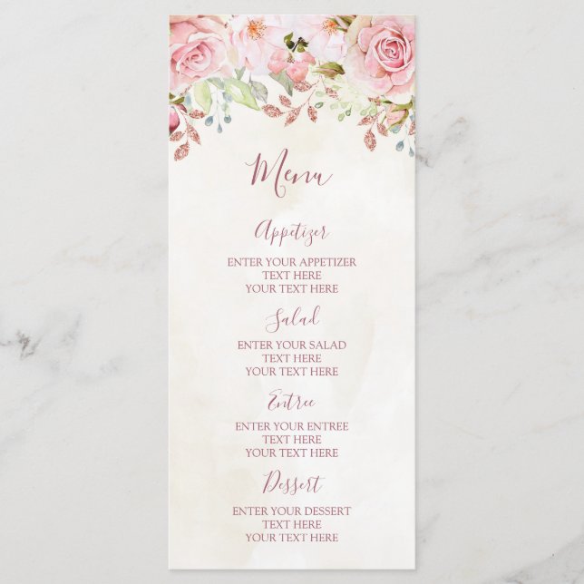 Vintage Pink Floral Spring Wedding Menu (Front)