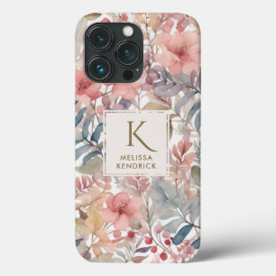 Vintage Pink Floral Watercolor Monogram Name iPhone 13 Pro Case